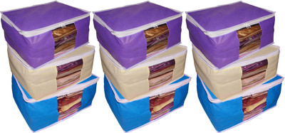 

Funkroo High Quality Combo deal Large 10 inch bridal 3pc cream saree cover 3pc blue sari cover and 3pc purple saree box gift organizer bag vanity pouch Capacity 10-15 Units Saree Each Keep saree/Suit/Travelling Pouch(Blue, Cream, Purple)