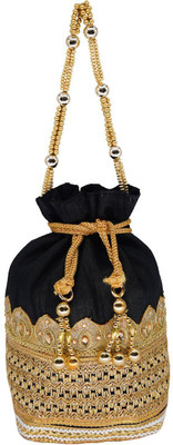 

Bagaholics Ethnic Silk Clutch Potli Batwa Pouch bag with Embroidery and Metal Bead work Gift For Women Potli(Black)