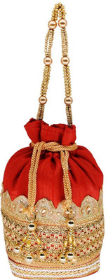 

Bagaholics Ethnic Silk Clutch Potli Batwa Pouch bag with Embroidery and Metal Bead work Gift For Women Potli(Red)
