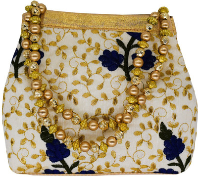 

Bagaholics Ethnic Clutch Silk Potli Batwa Pouch Bag with Embroidery and Metal Beadwork Gift For Women Potli(Blue, Gold)