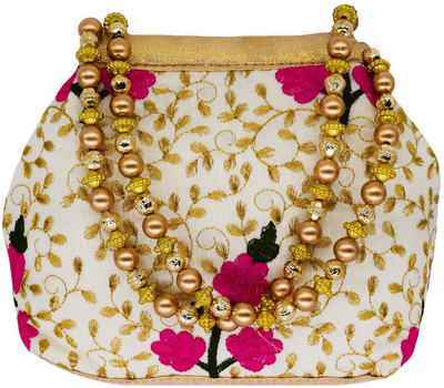 

Bagaholics Ethnic Clutch Silk Potli Batwa Pouch Bag with Embroidery and Metal Beadwork Gift For Women Potli(Pink, Gold), Gold;pink