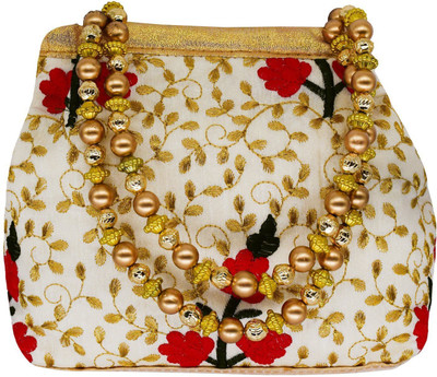 

Bagaholics Ethnic Clutch Silk Potli Batwa Pouch Bag with Embroidery and Metal Beadwork Gift For Women Potli(Red, Gold), Gold;red