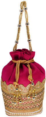 

Bagaholics Ethnic Silk Clutch Potli Batwa Pouch bag with Embroidery and Metal Bead work Gift For Women Potli(Pink)