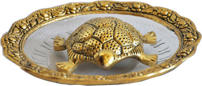 India Get Shopping Oxidized Golden Metal Tortoise on White Glass Plate For Good Luck feng shui Gift Item For Vaastu Home Décor Decorative Showpiece  -  2 cm(Brass, Gold)