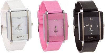 

FabSale New Trendy Look White Pink Black Pu Strap Diamond Studded Watch Combo Of 3 Watch - For Girls