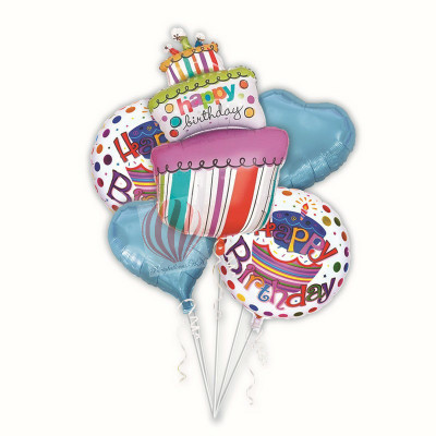 

PartyballoonsHK Printed 5pcs Birthday cake foil Balloon Combo Balloon Bouquet(Multicolor, Pack of 1)