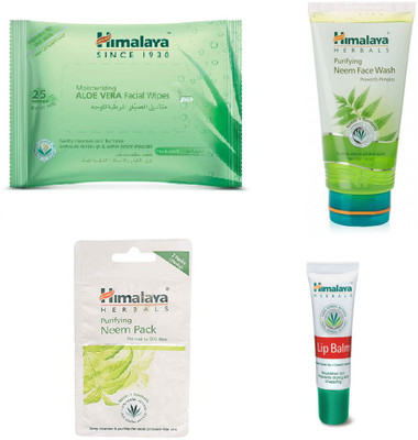 

Himalaya Aloe Vera Facial Wipes, Purifying Neem Face Wash, Purifying Neem Pack, Lip Balm(Set of 4)