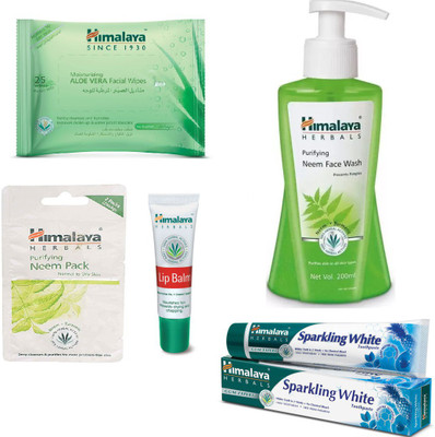 

Himalaya Aloe Vera Facial Wipes, Purifying Neem Face Wash, Lip Balm, Purifying Neem Pack, Sparkling White Toothpaste(Set of 5)