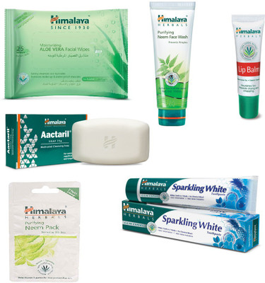 

Himalaya Aloe Vera Facial Wipes, Purifying Neem Face Wash, Lip Balm, Purifying Neem Pack, Aactaril Soap, Sparkling White Toothpaste(Set of 6)