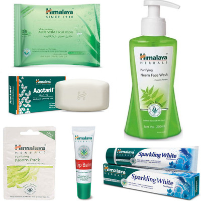 

Himalaya Aloe Vera Facial Wipes, Purifying Neem Face Wash, Lip Balm, Purifying Neem Pack, Aactaril Soap, Sparkling White Toothpaste(Set of 6)