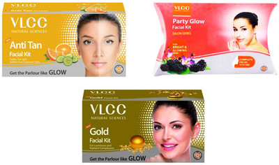 

VLCC Original Gold, Anti-Tan and Party Glow Facial Kit 180 g(Set of 3)