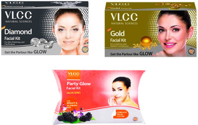 

VLCC Original Gold, Diamond and Party Glow Facial Kit 180 ml(Set of 3)