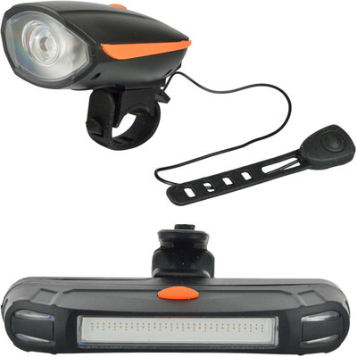 Dark Horse Bicycle 3 Mode LED Front Light & Horn and 3 Mode LED Red & Blue Tail Light Battery Combo LED Front Rear Light Combo(Orange)