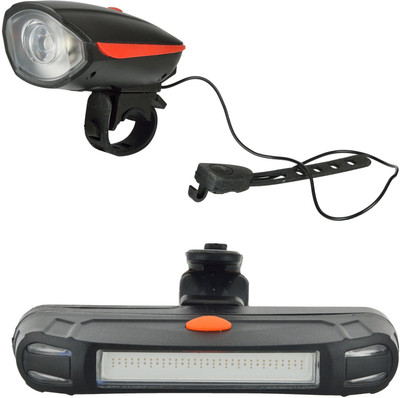 

Dark Horse Bicycle 3 Mode LED Front Light & Horn and 3 Mode LED Red & Blue Tail Light Battery Combo LED Front Rear Light Combo(Red)