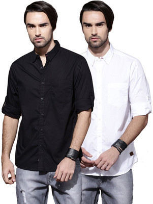 Roadster Men Solid Casual White, Black Shirt(Pack of 2)