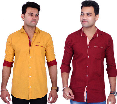 La Milano Men Color Block, Solid Casual Maroon, Yellow Shirt(Pack of 2)