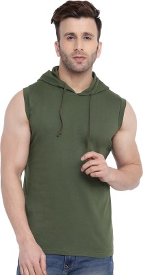 Gritstones Solid Men Hooded Neck Dark Green T-Shirt
