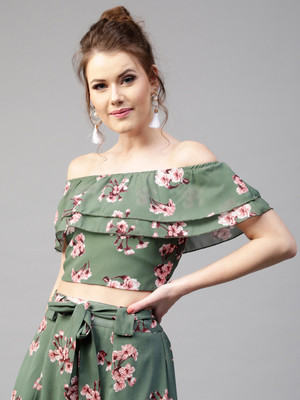 Buy Sassafras Casual Layered Sleeve Floral Print Women Green Top