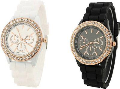 

Talgo New Arrival 2018 Red Robin Season Special Geneva White And Black ROund WHite And Black Dial Diamond Gold Case Dial & Attractive And Nice in Looking And Comfertable Rubber Strap (Combo of 2) Watch - For Girls