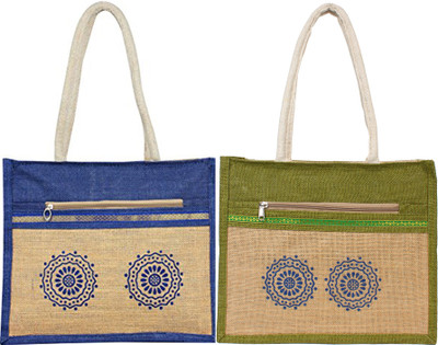 

styles creation Combo Of Designer Printed Jute Lunch Bag HNDBG93 Waterproof Lunch Bag(Blue, Green, Beige, 14 inch)