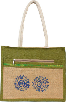

styles creation Jute Lunch Bag HNDBG57 Waterproof Lunch Bag(Green, Beige, 14 inch)