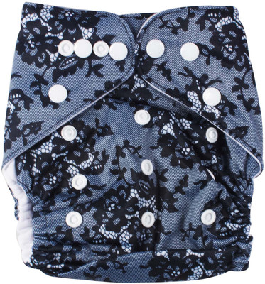 

Ole Baby Black Flower Print Cloth Diaper REUSABLE Nappy Organic Fabric Anti Bacterial Washable Adjustable WaterProof Covered - M