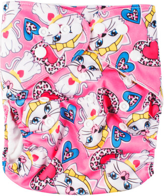 

Ole Baby Pink Kitty Print Cloth Diaper REUSABLE Nappy Organic Fabric Anti Bacterial Washable Adjustable WaterProof Covered - M