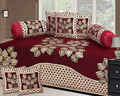 manvicreations Chenille Floral Diwan Set(Maroon)