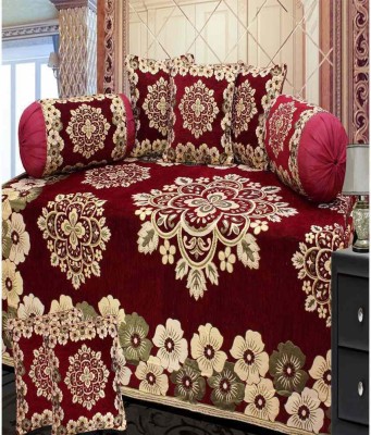 manvicreations Chenille Floral Diwan Set(Maroon)