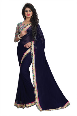 RASIKAA Solid/Plain Bollywood Chiffon Saree(Dark Blue)