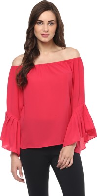 PANNKH Casual Bell Sleeve Solid Women Pink Top