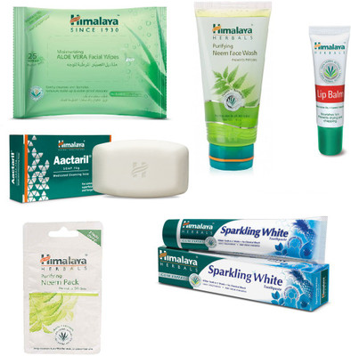 

Himalaya Aloe Vera Facial Wipes, Purifying Neem Face Wash, Lip Balm, Aactaril Soap, Purifying Neem Pack, Sparkling White Toothpaste(Set of 6)