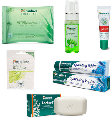 

Himalaya Aloe Vera Facial Wipes, Purifying Neem Foaming Face Wash, Lip Balm, Purifying Neem Pack, Sparkling White Toothpaste, Aactaril Soap(Set of 6)