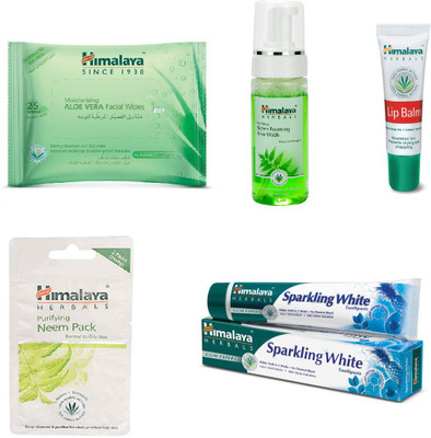 

Himalaya Aloe Vera Facial Wipes, Purifying Neem Foaming Face Wash, Lip Balm, Purifying Neem Pack, Sparkling White Toothpaste(Set of 5)