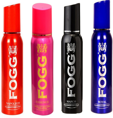 

Fogg ROYAL DEODORANT 120 ML+MARCO DEODORANT 120 ML+NAPOLEON DEODORANT 120 ML+ESSENCE DEODORANT 120 ML Deodorant Spray - For Men & Women(120 ml, Pack of 4)