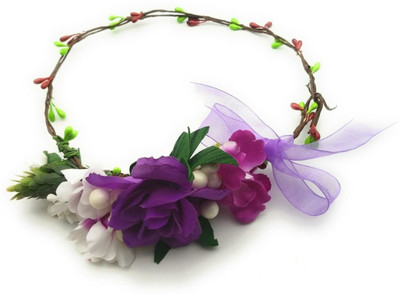 

Satyam Kraft Adjustable Wooden Stick Floral Tiara For Girls Floral Crown with golden bead/valentine tiara Hair Accessory Set(Purple)