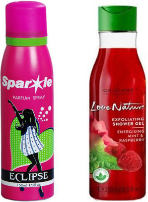 

Oriflame Sweden Love Nature Exfoliating Shower Gel Energising Mint & Raspberry 250ml (32602) With one sparkle perfume spray 150 ml(Set of 2)