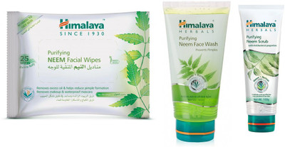 Himalaya Purifying Neem Facial Wipes, Purifying Neem Face Wash, Purifying Neem Scrub(Set of 3)