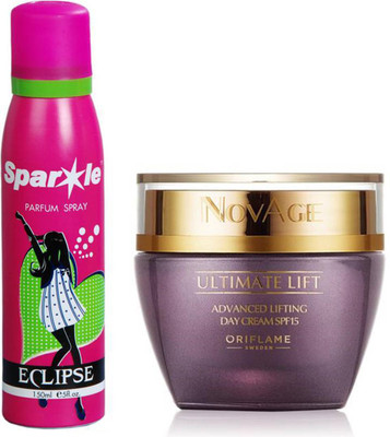 

Oriflame Sweden NovAge Ultimate Lift Advanced Lifting Day Cream SPF15 50ml (31540) With one sparkle perfume spray 150 ml(Set of 2)