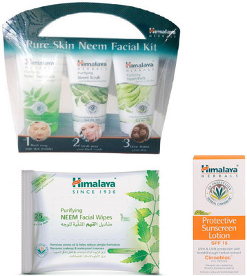 Himalaya Purifying Skin Neem Facial Kit, Purifying Neem Facial Wipes, Protective Sunscreen Lotion(Set of 3)