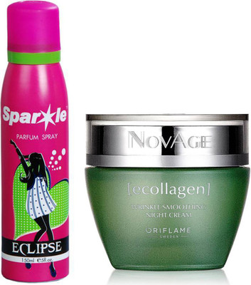 

Oriflame Sweden NovAge Ecollagen Wrinkle Smoothing Night Cream 50ml (31545) With one sparkle perfume spray 150 ml(Set of 2)