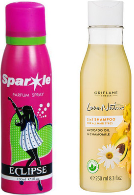 

Oriflame Sweden Love Nature 2in1 Shampoo for All hair types with Avocado & Chamomile 250ml (32624) With one sparkle perfume spray 150 ml(Set of 2)