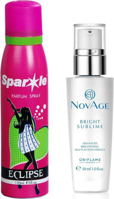 

Oriflame Sweden NovAge Bright Sublime Advanced Brightening Multi-action Essence 30ml (32805) With one sparkle perfume spray 150 ml(Set of 2)