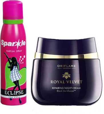 

Oriflame Sweden royal velvet repairing night cream 50 ml (22814) one sparkle perfume spray 150 ml(Set of 2)