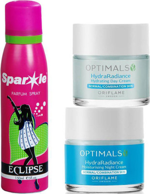 

Oriflame Sweden OPTIMALS Hydra Radiance Day & Night Cream Normal/Combination Skin 50+50ml (32462 & 32463) with one sparkle Parfume spray 150ml(Set of 3)