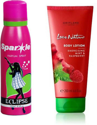 

Oriflame Sweden Love Nature Body Lotion with Energising Mint & Raspberry 200ml (32603) With one sparkle perfume spray 150 ml(Set of 2)