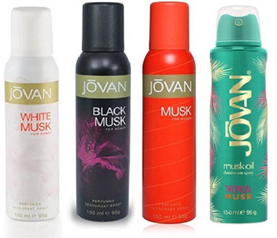 

Jovan White Musk,Black Musk,Musk,Tropical Musk Deodorant Spray - For Women(150 ml, Pack of 4)