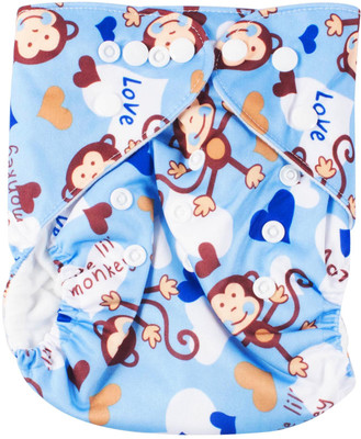 

Ole Baby Blue Monkey Print Cloth Diaper REUSABLE Nappy Organic Fabric Anti Bacterial Washable Adjustable WaterProof Covered - M