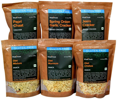 

Whole Foods FK201 Combo(Gluten Free Diet Chiwda 200 g-1, Gluten Free Diet Mixture 200g-1, Gluten Free Diet Murmura 200g-1, Gluten Free Jeera Cracker 125g-1, Gluten Free Spring Onion Garlic Cracker 125g-1, Gluten Free Papri Chaat 150g-1)