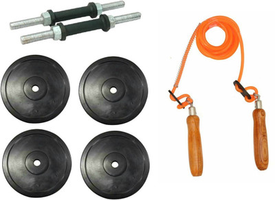 

FACTO POWER Pair of Nickle Dumbell Rods, 4 Weight Plates (2 Kg. x 4 = 8 Kg) and Wooden Handle Orange Color Skipping Rope Gym & Fitness Kit